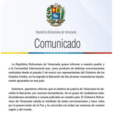 2022-10Gobierno de Maduro anuncia la liberación de dos venezolanos presos en EE.UU.