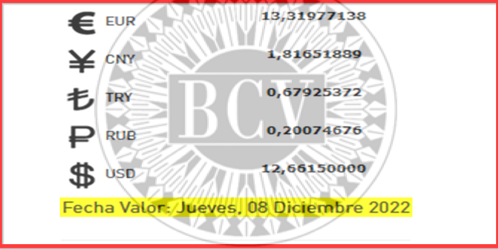 BCV. Tipo de cambio referencial y para transacciones del JUEVES 8 de