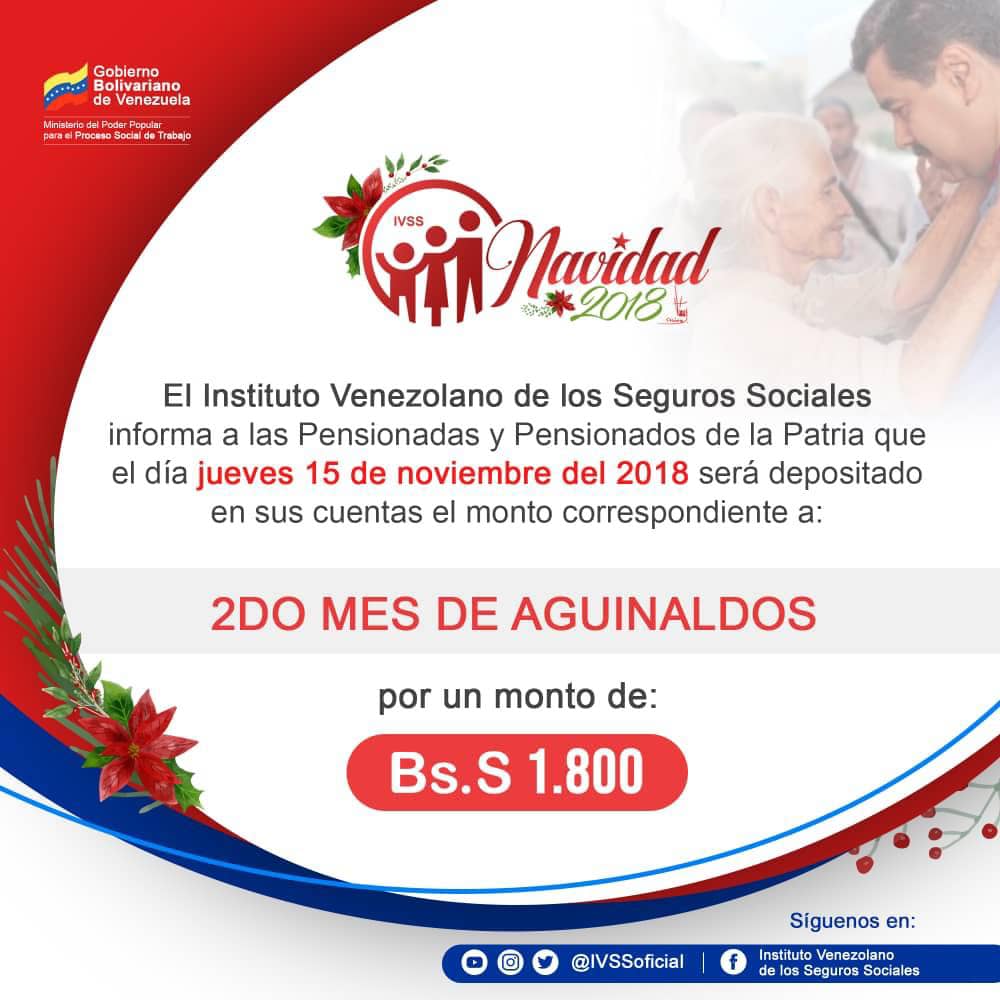 IVSS depositará este jueves el segundo mes de los aguinaldos para los pensionados del país