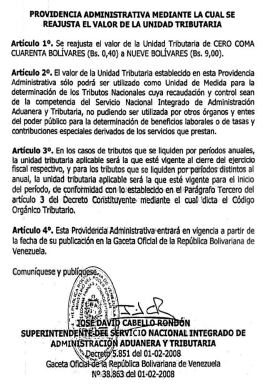 Seniat reajuste valor IVA Decreto
